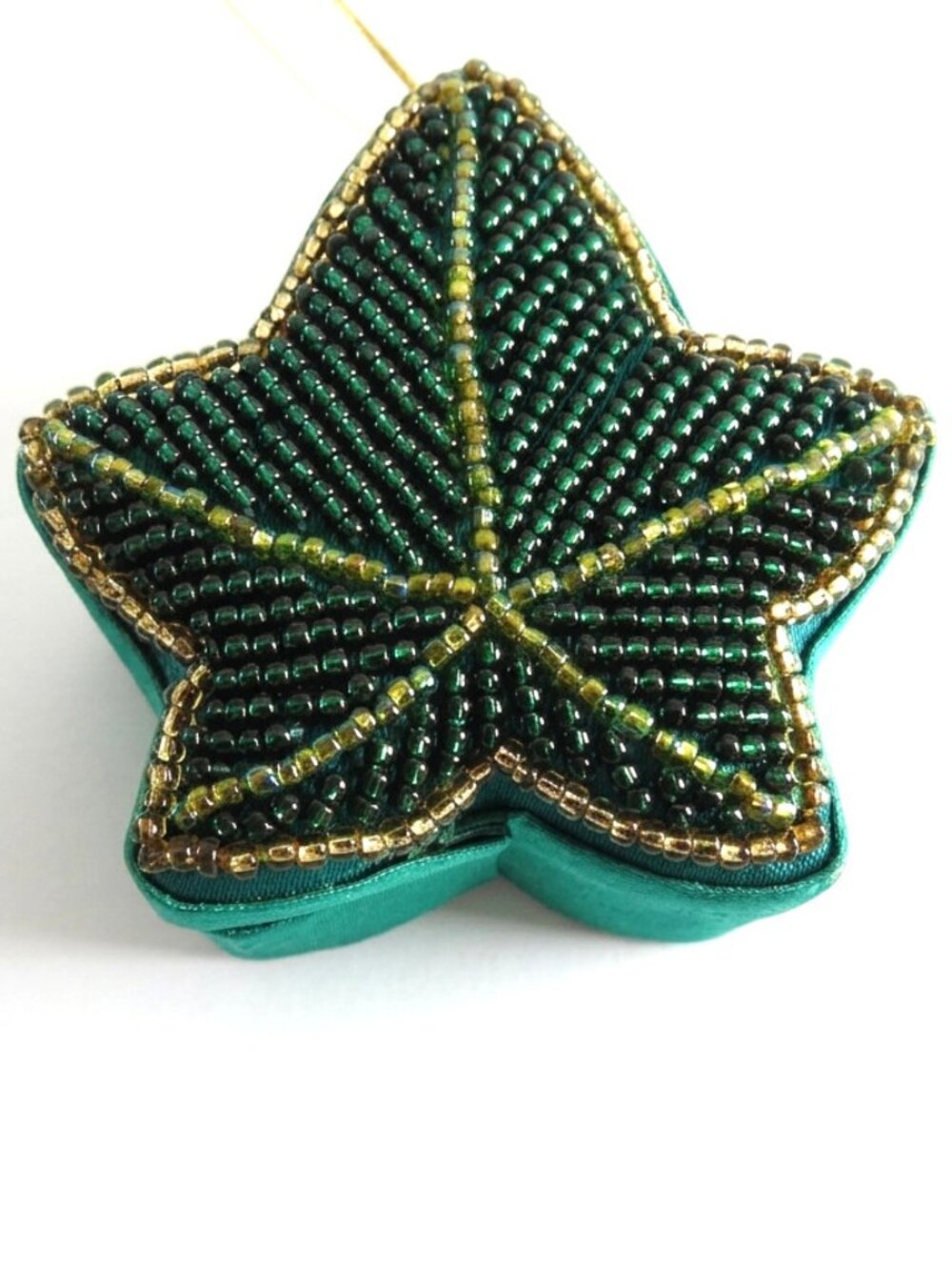 Vintage Beaded Ivy Leaf Ornament Lidded Trinket Box Green Gold